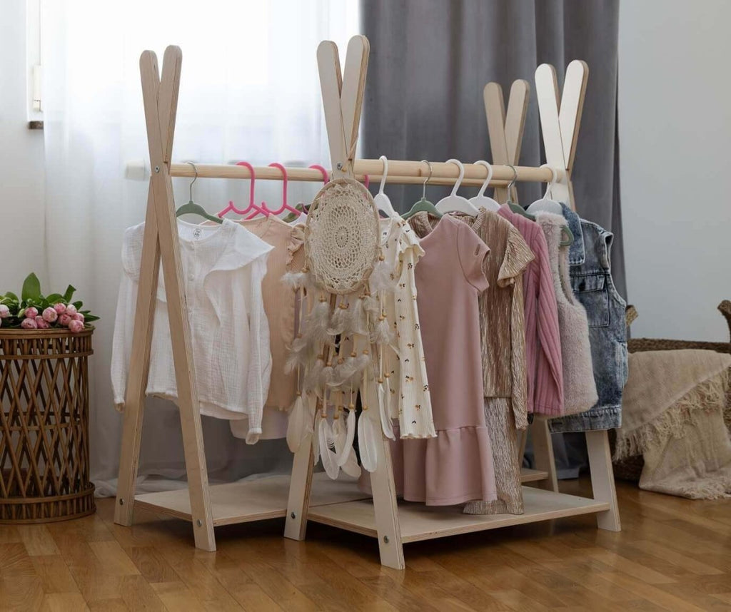 Tipi Clothing Rack for Kids - Wooden, with Shoe Shelf, Large (Natural Wood) - Tiny Tugz™