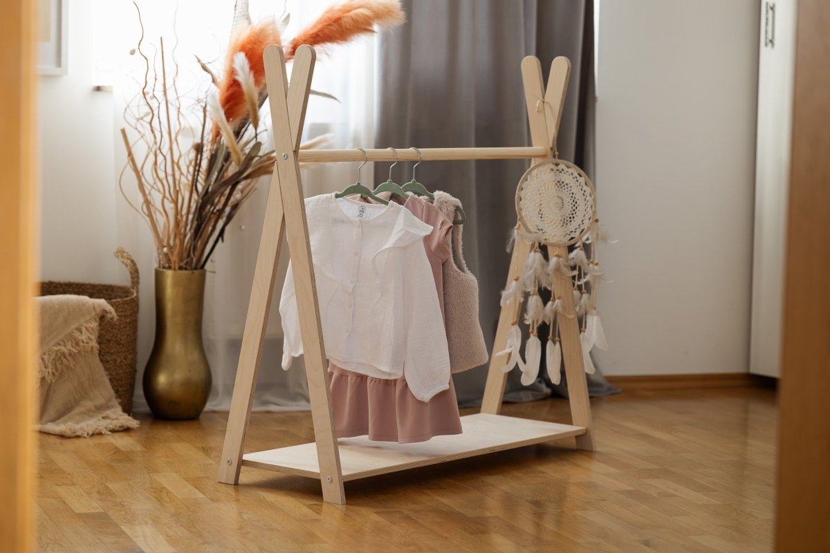 Tipi Clothing Rack for Kids - Wooden, with Shoe Shelf, Large (Natural Wood) - Tiny Tugz™