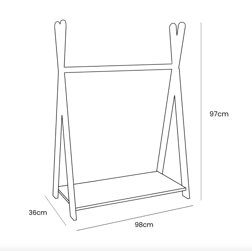 Tipi Clothing Rack for Kids - Wooden, with Shoe Shelf, Large (White) - Tiny Tugz™