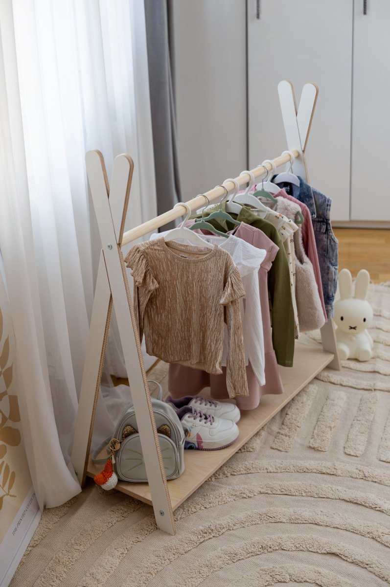 Tipi Clothing Rack for Kids - Wooden, with Shoe Shelf, Large (White) - Tiny Tugz™