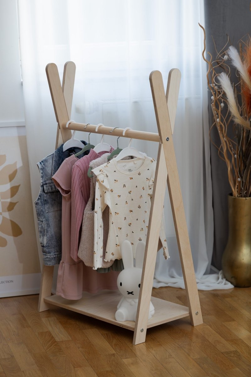 Tipi Clothing Rack for Kids - Wooden, with Shoe Shelf, Small (Natural Wood) - Tiny Tugz™
