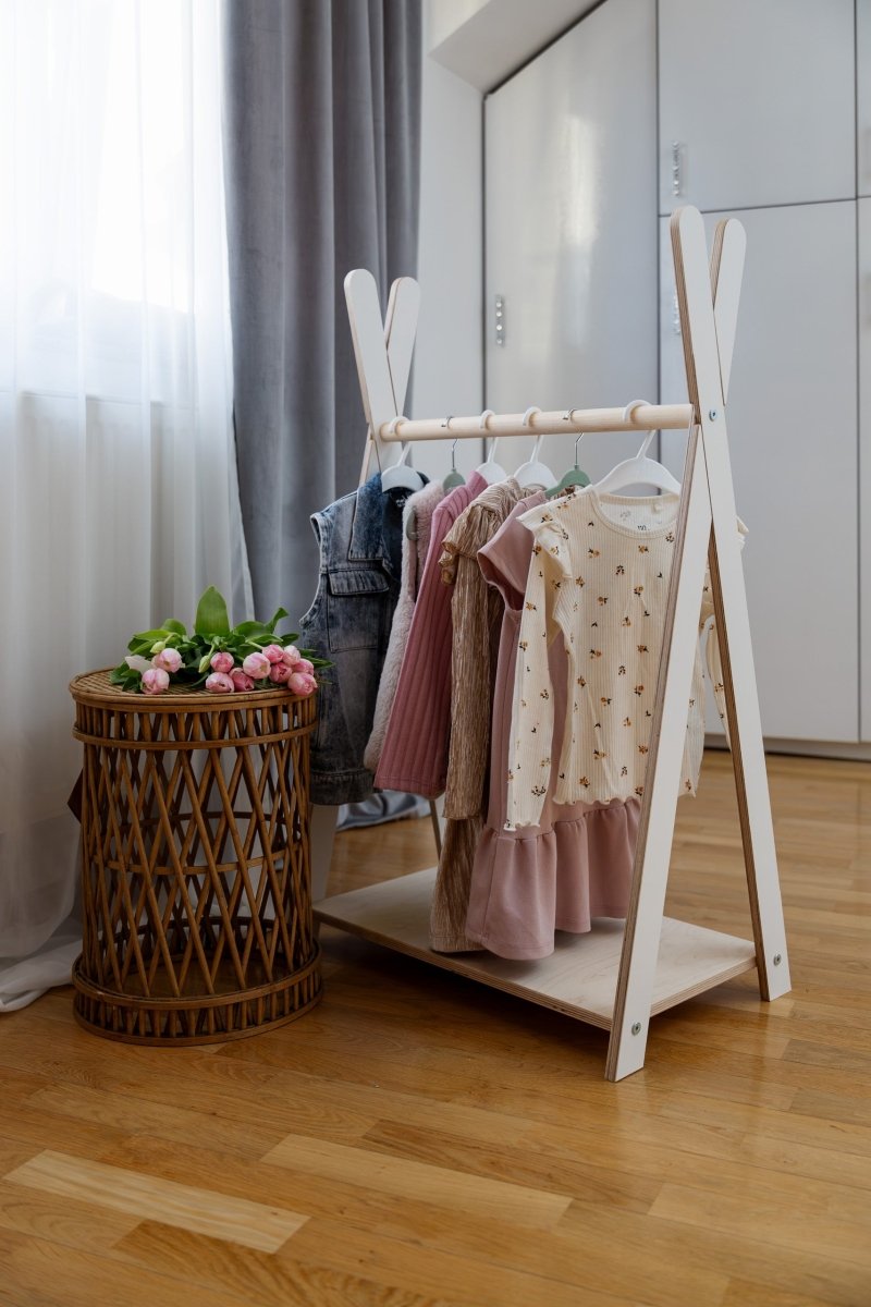 Tipi Clothing Rack for Kids - Wooden, with Shoe Shelf, Small (White) - Tiny Tugz™