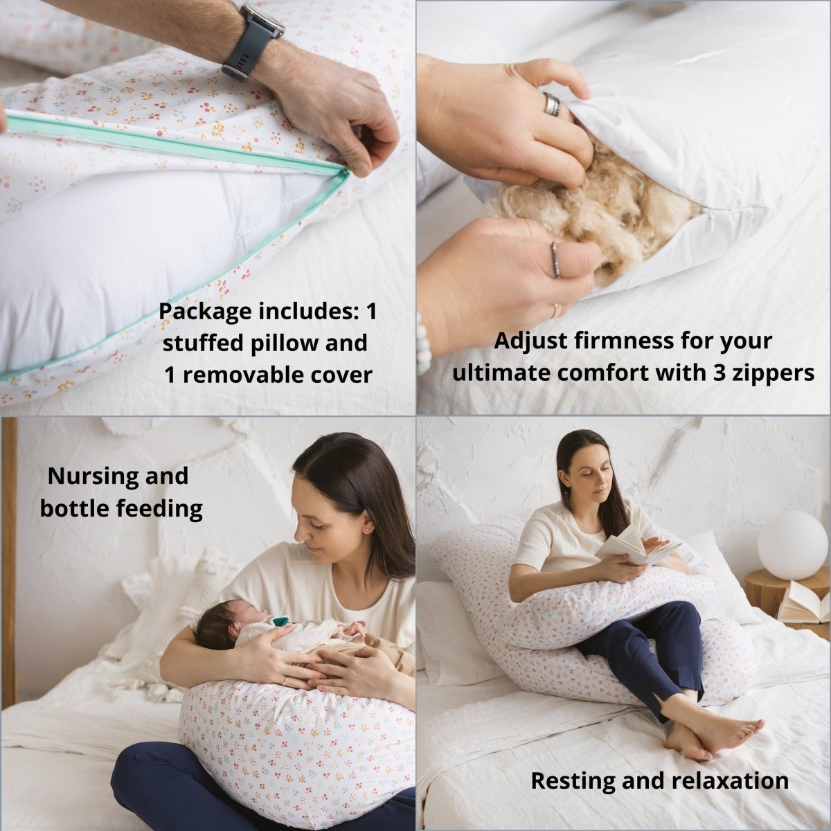U-Shaped Pregnancy & Body Pillow - Organic Cotton Sateen Cover - Milk White Floral - Tiny Tugz™