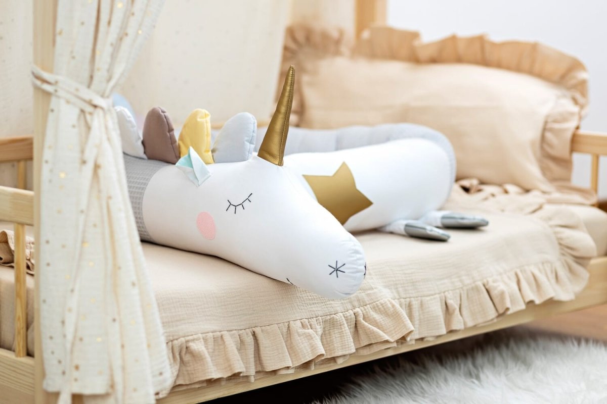 Unicorn Cuddle Pillow & Bed Wall Bumper - Waffle Cotton, 230 cm (Grey) - Tiny Tugz™