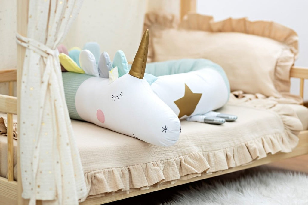 Unicorn Cuddle Pillow & Bed Wall Bumper - Waffle Cotton, 230 cm (Mint) - Tiny Tugz™