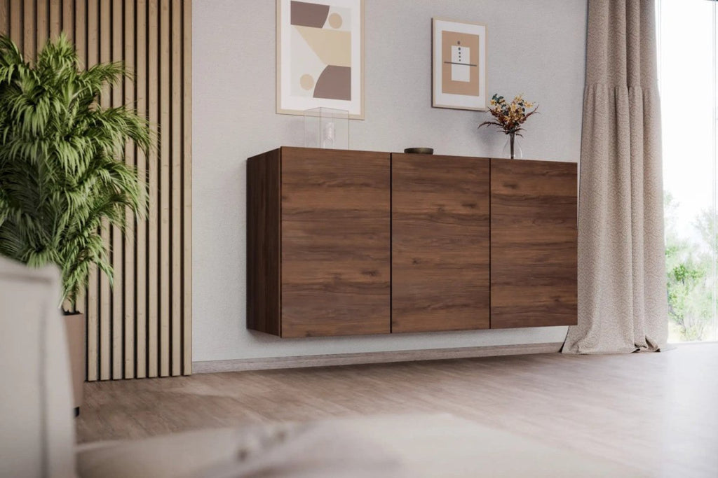 Wall-Mounted Sideboard Dallas 160 cm - 3 Cabinets - Walnut Finish - Tiny Tugz™