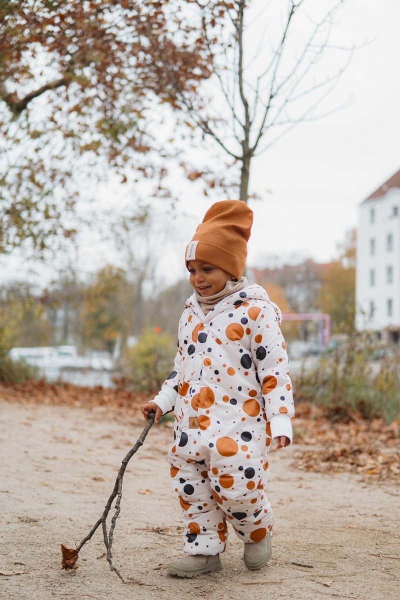 Waterproof Winter Jumpsuit for Babies & Kids (Black & Orange Dots) - Tiny Tugz™