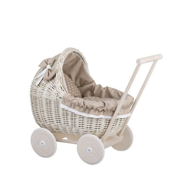 Whitewashed Wicker Doll Pram – Beige Bedding – handwoven Polish wicker pram, made in Poland