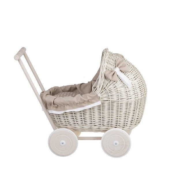 Whitewashed Wicker Doll Pram – Beige Bedding – handwoven Polish wicker pram, made in Poland