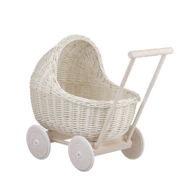 Whitewashed Wicker Doll Pram – Beige Bedding – handwoven Polish wicker pram, made in Poland