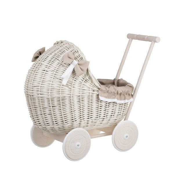Whitewashed Wicker Doll Pram – Beige Bedding – handwoven Polish wicker pram, made in Poland
