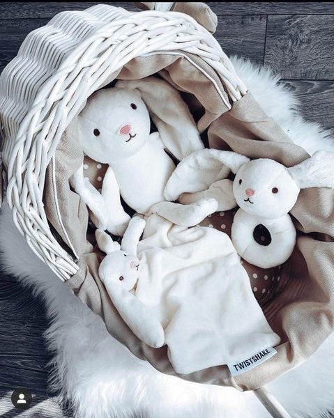 Whitewashed Wicker Doll Pram – Beige Bedding – handwoven Polish wicker pram, made in Poland