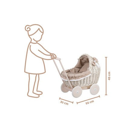 Whitewashed Wicker Doll Pram – Beige Bedding – handwoven Polish wicker pram, made in Poland
