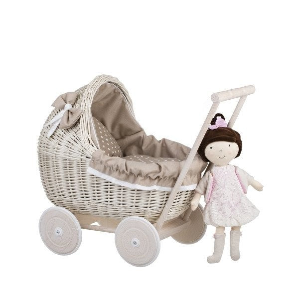 Whitewashed Wicker Doll Pram – Beige Bedding – handwoven Polish wicker pram, made in Poland