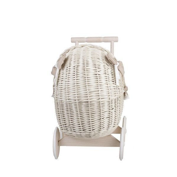 Whitewashed Wicker Doll Pram – Beige Bedding - Tiny Tugz™
