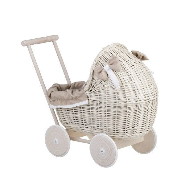 Whitewashed Wicker Doll Pram – Beige Bedding – handwoven Polish wicker pram, made in Poland