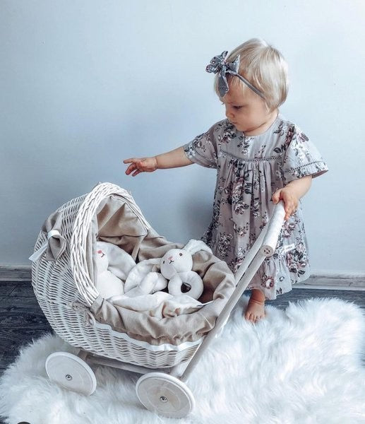 Whitewashed Wicker Doll Pram – Beige Bedding – handwoven Polish wicker pram, made in Poland