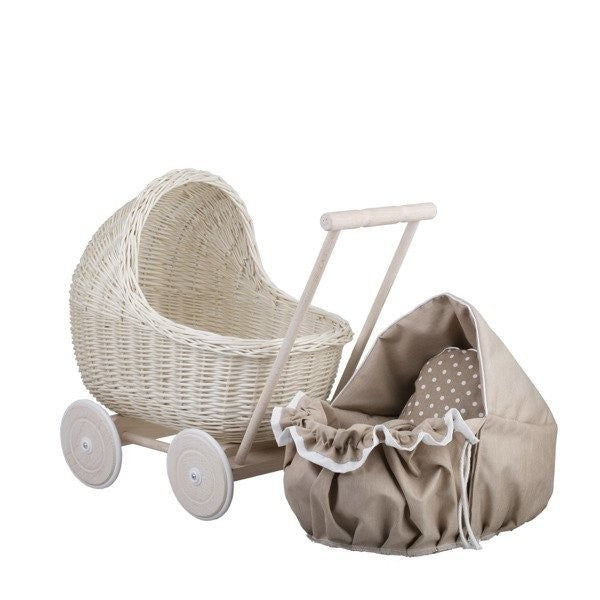 Whitewashed Wicker Doll Pram – Beige Bedding – handwoven Polish wicker pram, made in Poland
