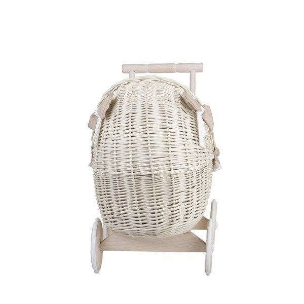 Whitewashed Wicker Doll Pram – Beige Bedding – handwoven Polish wicker pram, made in Poland