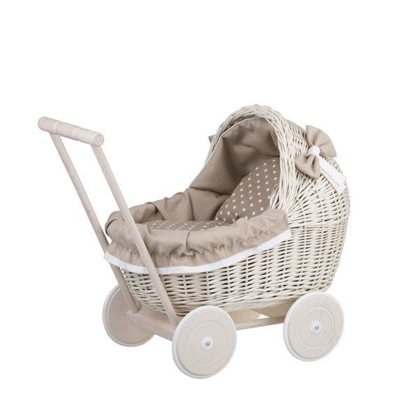 Whitewashed Wicker Doll Pram – Beige Bedding – handwoven Polish wicker pram, made in Poland