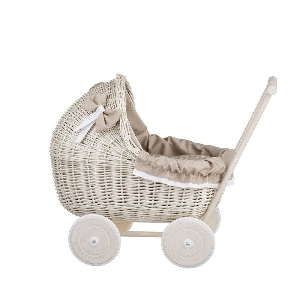 Whitewashed Wicker Doll Pram – Beige Bedding – handwoven Polish wicker pram, made in Poland