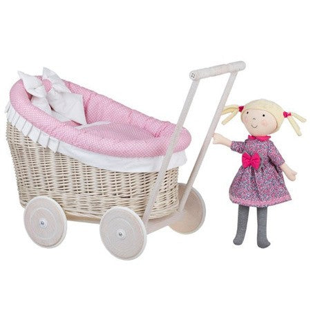 Whitewashed Wicker Doll Pram Luna – Pink Bedding – handwoven Polish wicker trailer, made in Poland