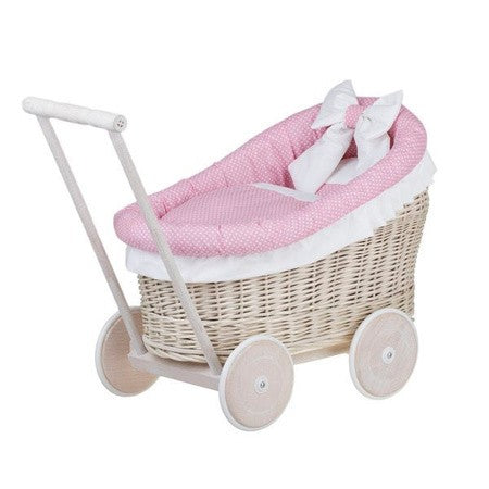 Whitewashed Wicker Doll Pram Luna – Pink Bedding – handwoven Polish wicker trailer, made in Poland
