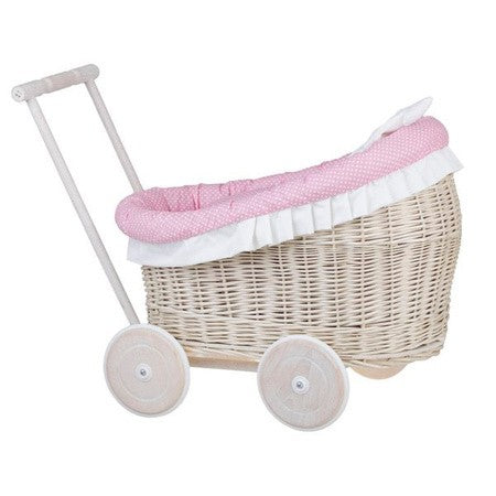 Whitewashed Wicker Doll Pram Luna – Pink Bedding – handwoven Polish wicker trailer, made in Poland