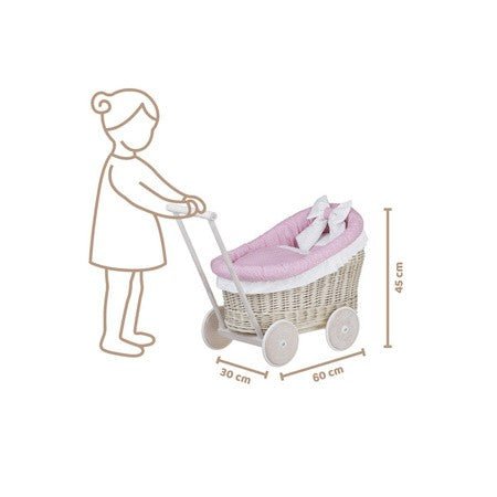 Whitewashed Wicker Doll Pram Luna – Pink Bedding - Tiny Tugz™