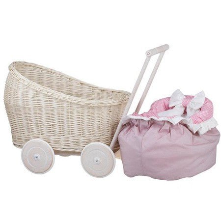 Whitewashed Wicker Doll Pram Luna – Pink Bedding - Tiny Tugz™