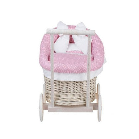 Whitewashed Wicker Doll Pram Luna – Pink Bedding – handwoven Polish wicker trailer, made in Poland