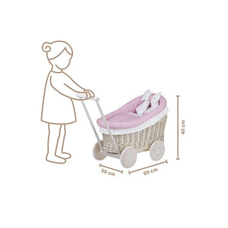 Whitewashed Wicker Doll Pram Luna – Pink Bedding – handwoven Polish wicker trailer, made in Poland