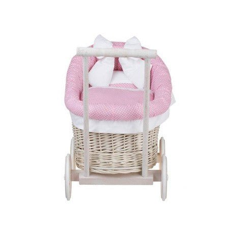 Whitewashed Wicker Doll Pram Luna – Pink Bedding - Tiny Tugz™