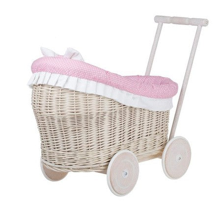 Whitewashed Wicker Doll Pram Luna – Pink Bedding – handwoven Polish wicker trailer, made in Poland