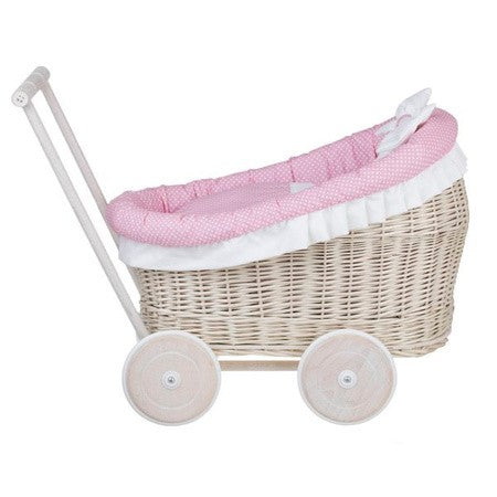 Whitewashed Wicker Doll Pram Luna – Pink Bedding – handwoven Polish wicker trailer, made in Poland