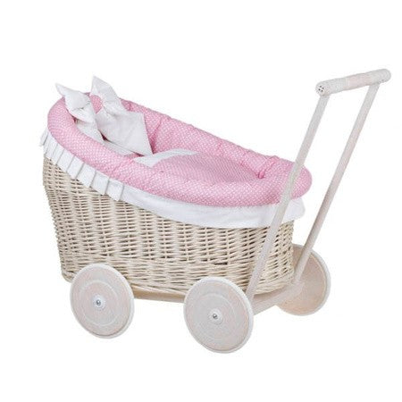Whitewashed Wicker Doll Pram Luna – Pink Bedding – handwoven Polish wicker trailer, made in Poland
