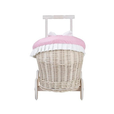 Whitewashed Wicker Doll Pram Luna – Pink Bedding – handwoven Polish wicker trailer, made in Poland