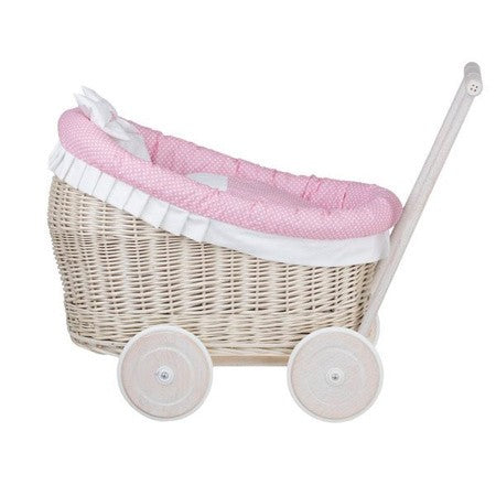 Whitewashed Wicker Doll Pram Luna – Pink Bedding – handwoven Polish wicker trailer, made in Poland