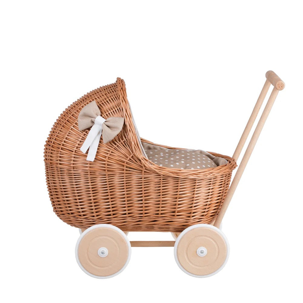 Wicker Doll Pram Lili – Beige Bedding – handwoven Polish wicker pram, made in Poland