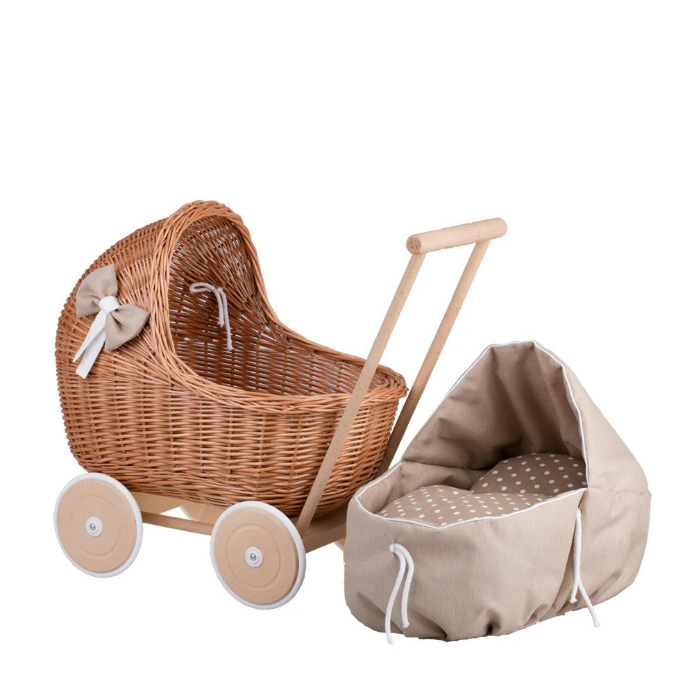 Wicker Doll Pram Lili – Beige Bedding – handwoven Polish wicker pram, made in Poland