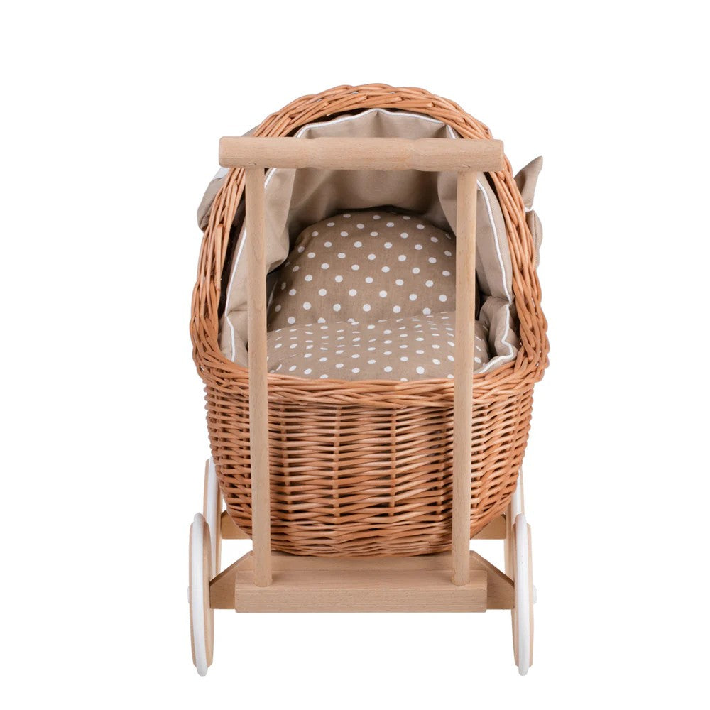 Wicker Doll Pram Lili – Beige Bedding – handwoven Polish wicker pram, made in Poland