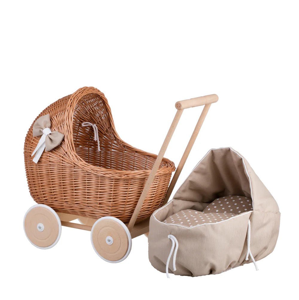 Wicker Doll Pram Lili – Beige Bedding - Tiny Tugz™
