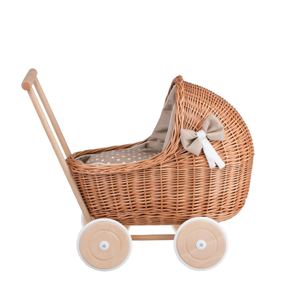 Wicker Doll Pram Lili – Beige Bedding – handwoven Polish wicker pram, made in Poland