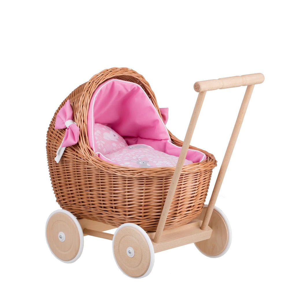 Wicker Doll Pram Lili – Pink Bedding 2 – handwoven Polish wicker pram, made in Poland