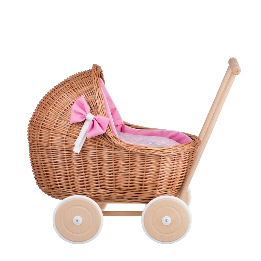 Wicker Doll Pram Lili – Pink Bedding 2 – handwoven Polish wicker pram, made in Poland