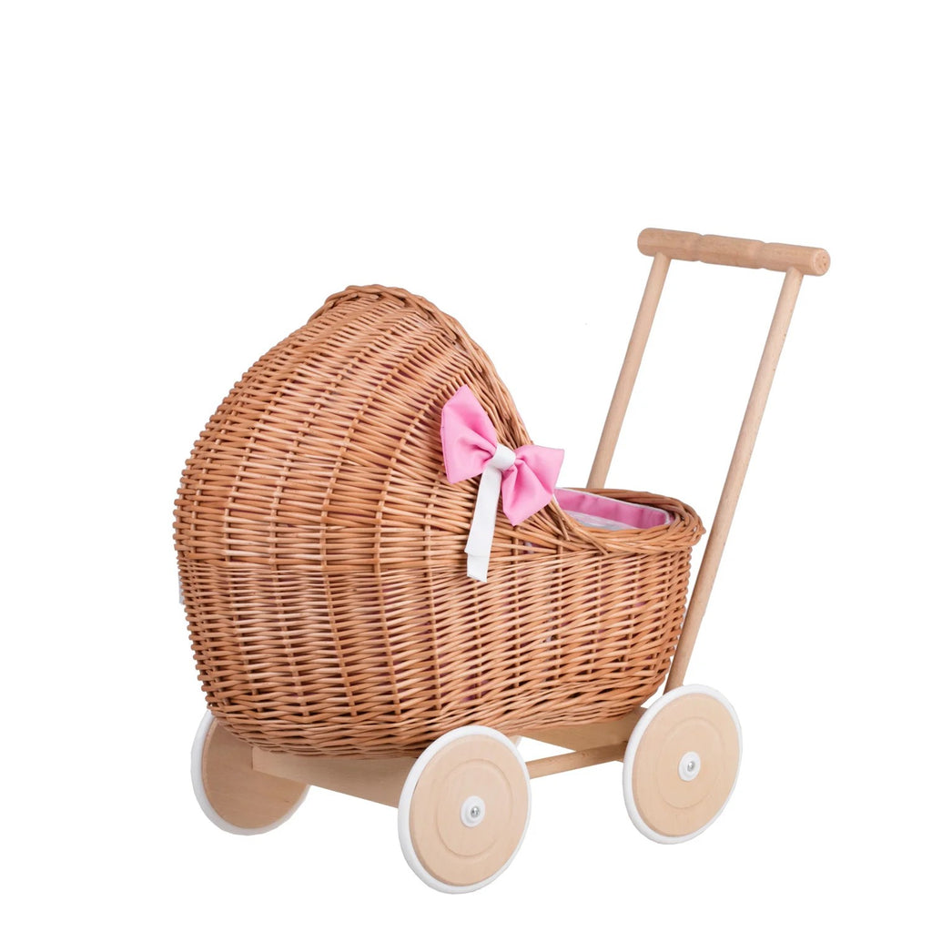 Wicker Doll Pram Lili – Pink Bedding 2 – handwoven Polish wicker pram, made in Poland