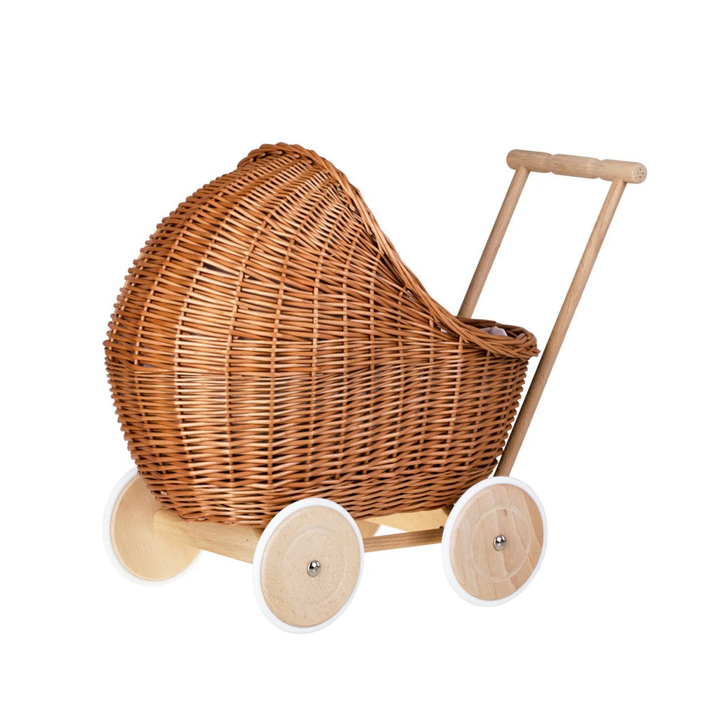 Wicker Doll Pram Lili – Pink Bedding – handwoven Polish wicker pram, made in Poland