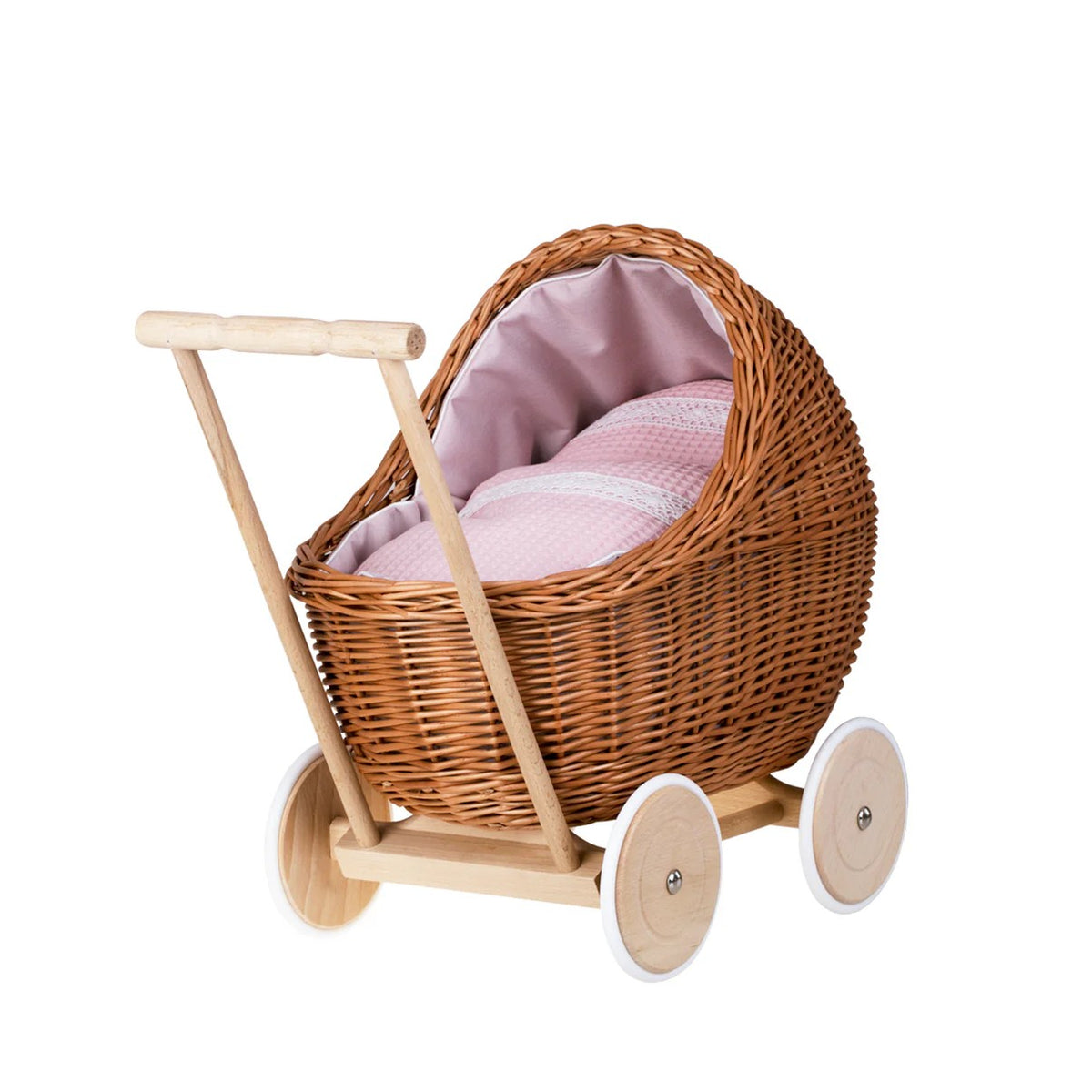 Wicker Doll Pram Lili – Pink Bedding – handwoven Polish wicker pram, made in Poland
