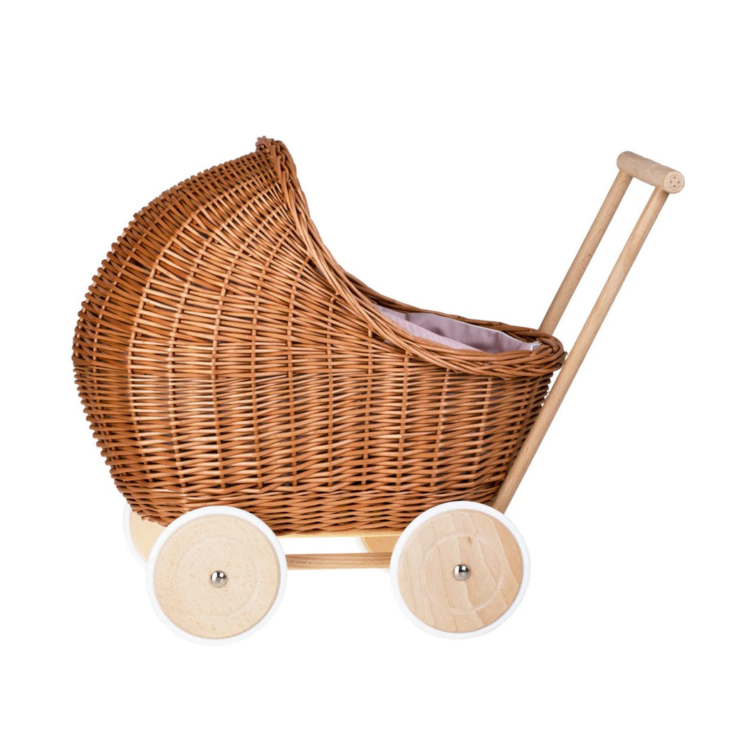 Wicker Doll Pram Lili – Pink Bedding – handwoven Polish wicker pram, made in Poland