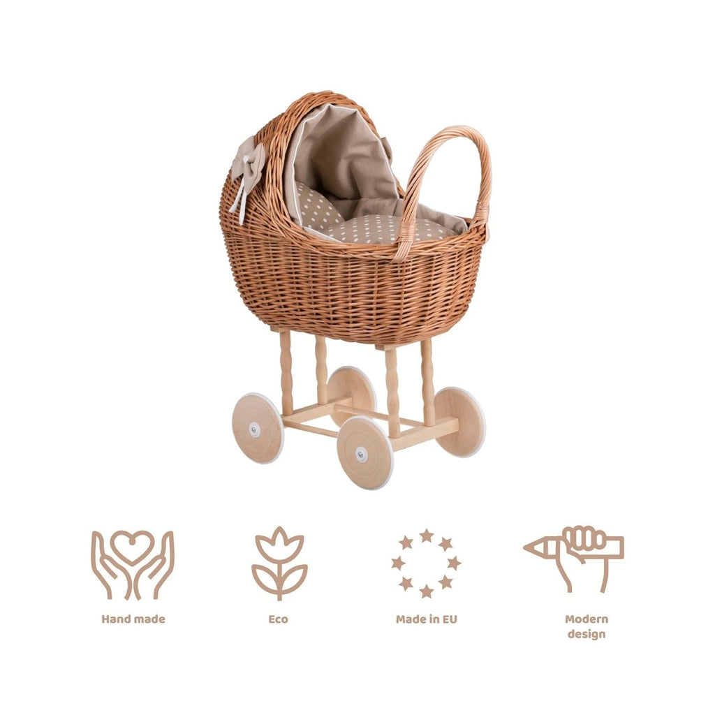 Wicker Doll Stroller Lena – Beige Bedding - Tiny Tugz™